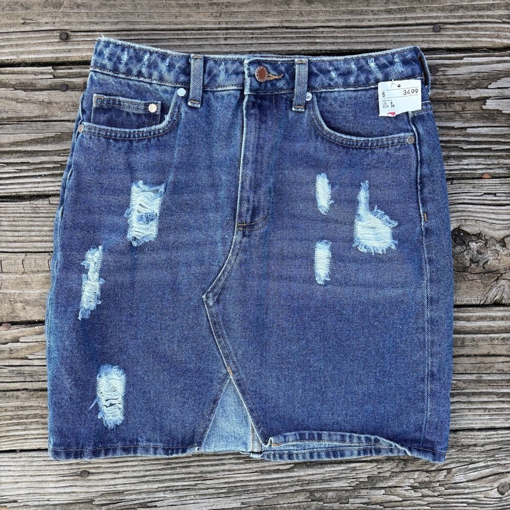 H&M‎ Distressed Denim Skirt Pencil Cut Med Wash Blue Womens SZ 8 NWT